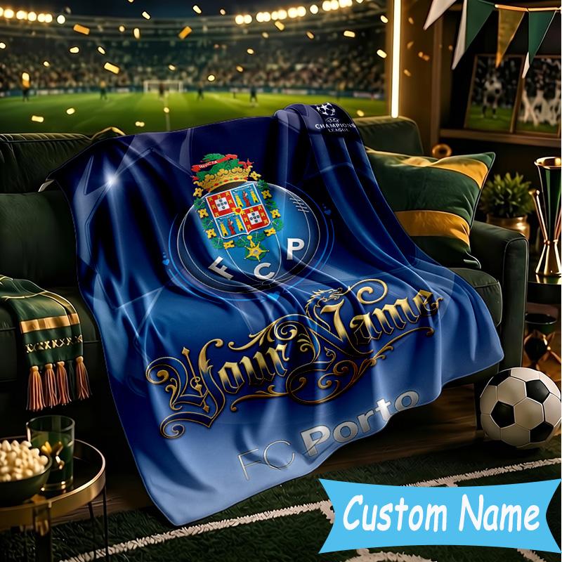 Custom Name Fc Porto Crest Design Flannel Blanket, Use for Birthday/Holiday Gift, Soft Blanket for Sofa/Bed/Camping/Office, Home Decor