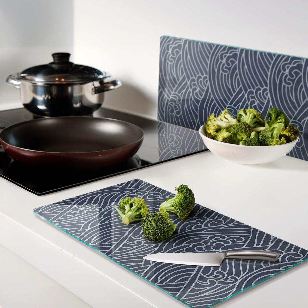Set of Tempered Glass Kitchen Boards with Wave Print 2x30x52 cm