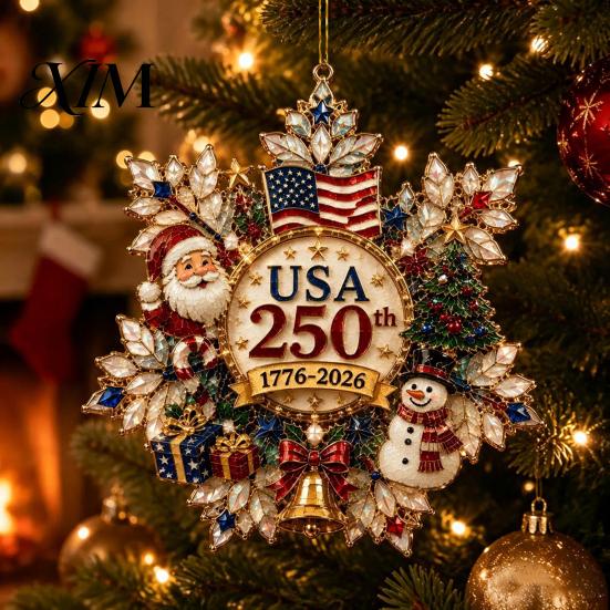 Decorative Fence Branch Accents Christmas Acrylic Hanging Ornament, Double Side Printed 250th Anniversary Pendant Personalized Festive Wall for Tree,