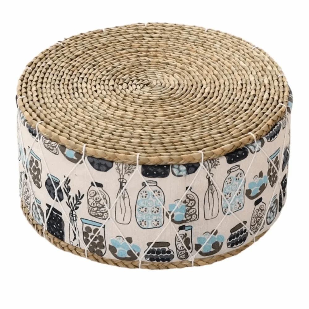 Hand-Woven Floor Cushion Portable Design Round Shape Zafu Cushion Natural Straw Durable Material Woven Stool Meditation Use