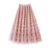 Women Cake Skirt Solid Color Mid-Waist Long Skirt with Elastic Waist Mesh