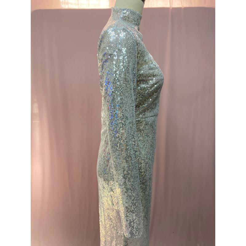 Women Sparkly Rhinestone Sequin High Neck Long Sleeve Mesh Cut Out Bodycon Maxi Dress Sheer Asymmetric Sexy Evening Cocktail Party Formal Gown