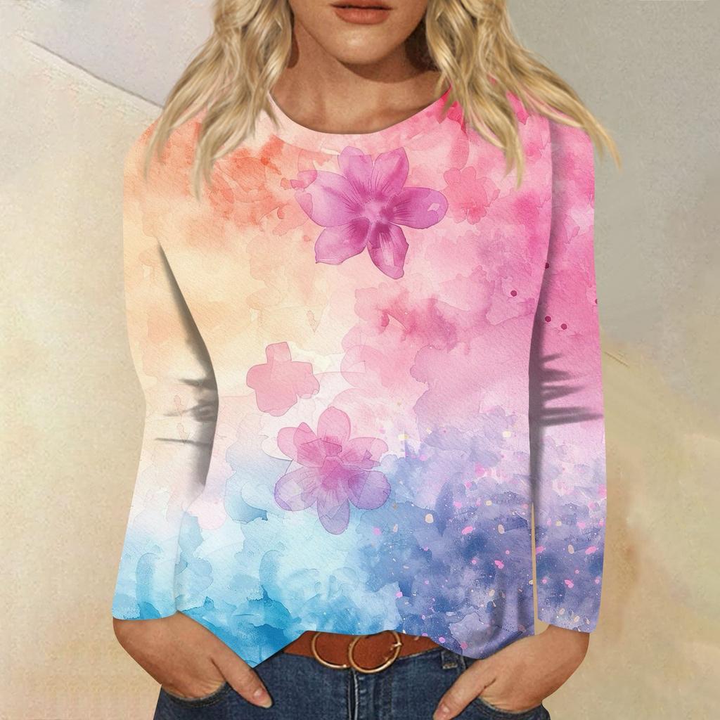 Women's Fashion Casual Long Sleeve  Print Round Neck Top