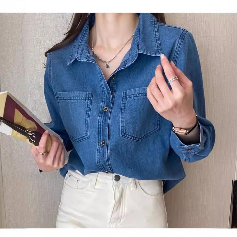 Womens Blue Denim Shirt Loose Fit Oversized Cotton Blend Top Retro Style POLO Collar Long Sleeve