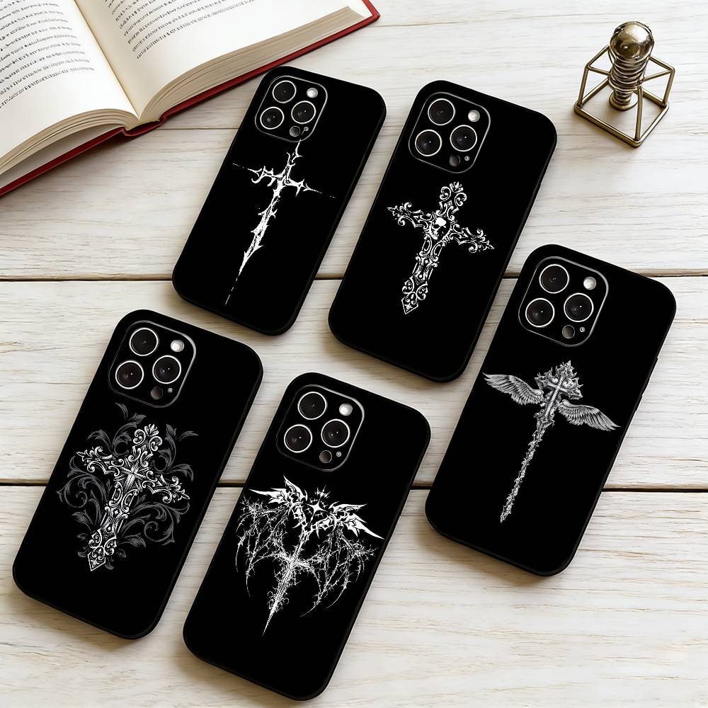 Чехол для телефона с крестом для iPhone 17,16,15,14,13,12,11 Plus,Pro Max,XS, Мягкий силиконовый черный чехол