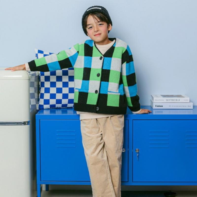 Оливковый модный клетчатый кардиган синего цвета 