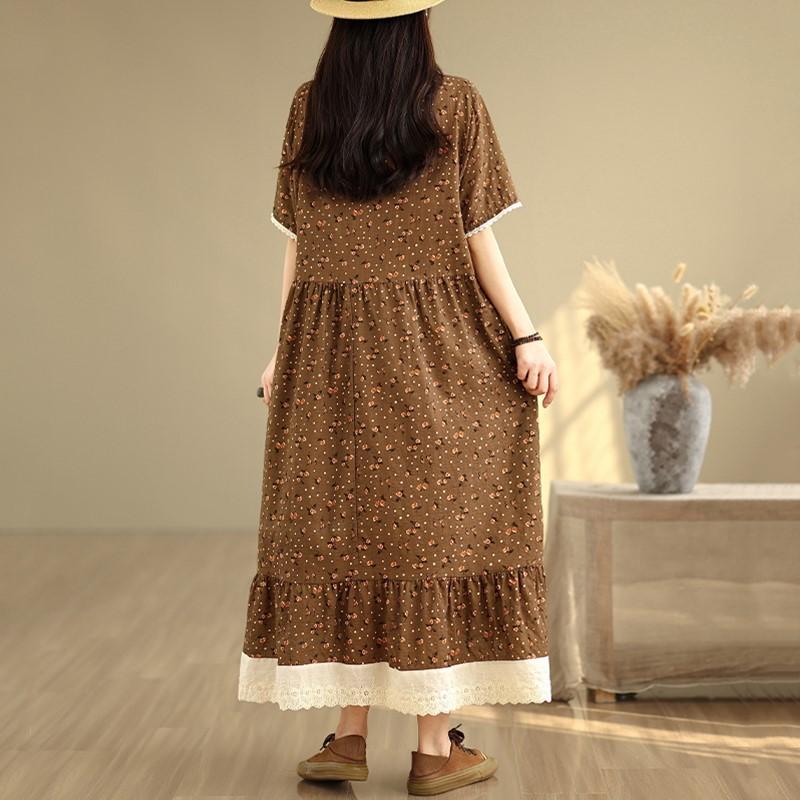 Короткий рукав Плюс размер Хлопок лен винтажный цветочный новый в платьях для женщин повседневное свободное длинное летнее платье