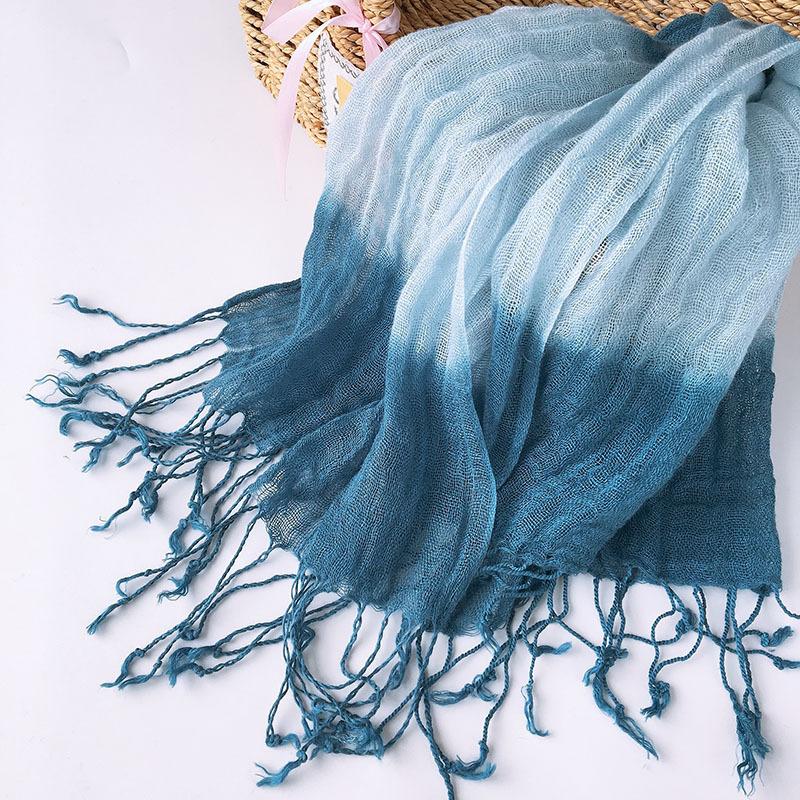 Gradual Change Color Hanging Dye Scarf Japanese Literary And Artistic Versatile Temperament Fringed Hemp Silk Scarf Women Solid Color Linen Scarf