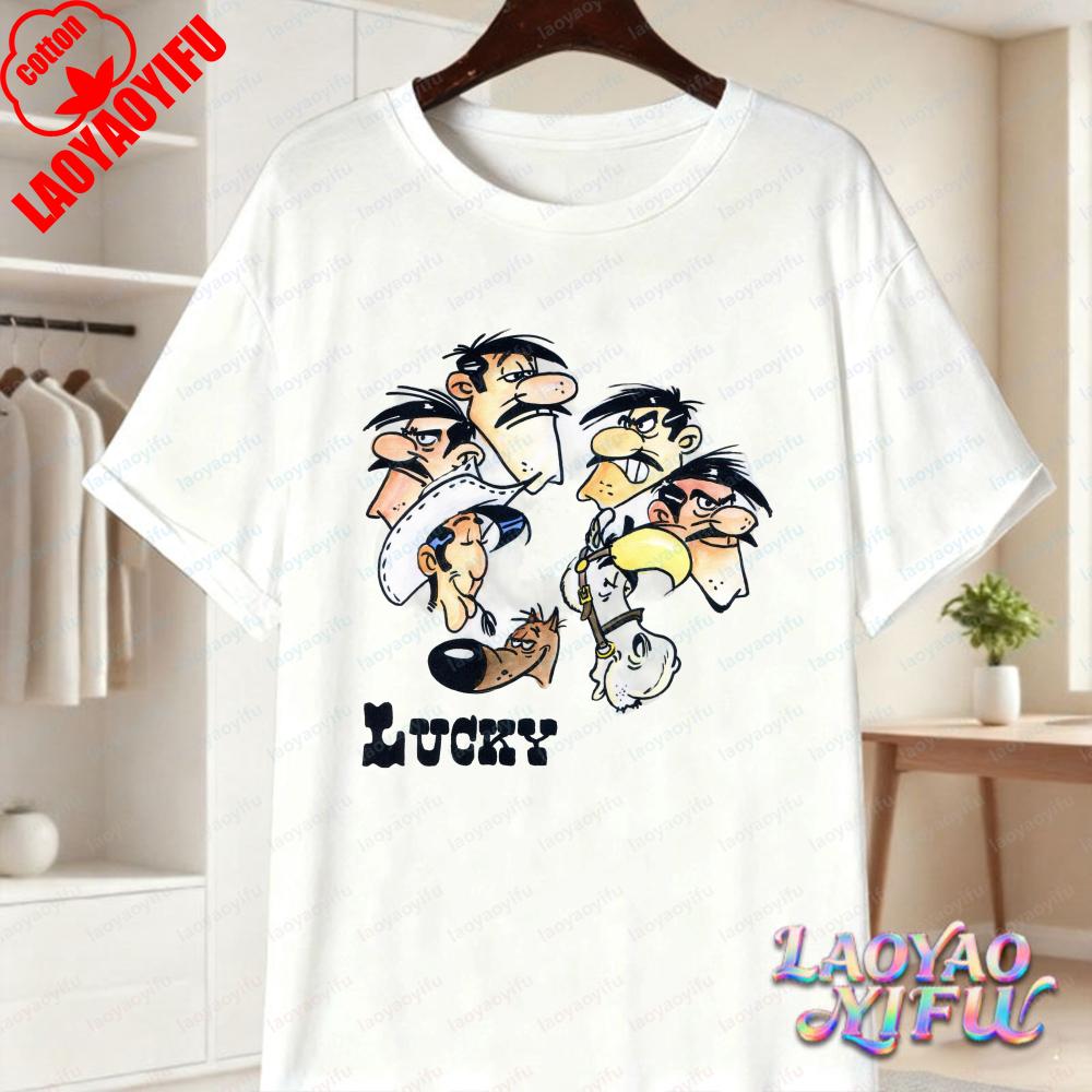 Lucky Luke Full Cast Print Casual Tops Playful Western Cartoon Cotton Tee Funny Vintage Classic Anime Shirt Trend Unisexs Clothing
