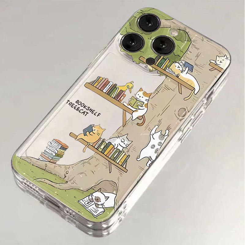 Чехол с полной защитой «Дерево и кот, читающий книгу» для iPhone 16Pro Max/15/14/13/12/11, противоударный xsm