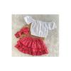 Kids Red Flower Patterned Frill Skirt Blouse Bandana Set 3 Pcs
