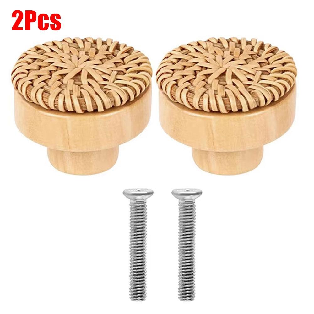 2/4/6/8Pcs Round Rattan Drawer Knobs Solid Wood Door Pulls  Furniture Hardware Accessories