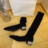 2024 Женские сапоги выше колена с острым носком, каблук со стразами, вязаные сапоги-носки, эластичные, тонкие, женские, высокие сапоги на плоской подошве