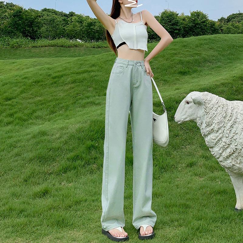 Женские розовые джинсы с высокой посадкой и широкими штанинами: Летние тонкие, свободного кроя, больших размеров, стройнящие, прямые брюки длиной до пола