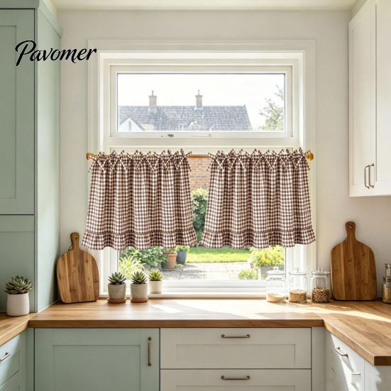 Oven Side Window Drapes Buffalo Plaid Curtain Skirt, Door with Ribbon Bows, Rustic Small Space Decor Half for Farmhouse Kitchen Sink, Cabinet,