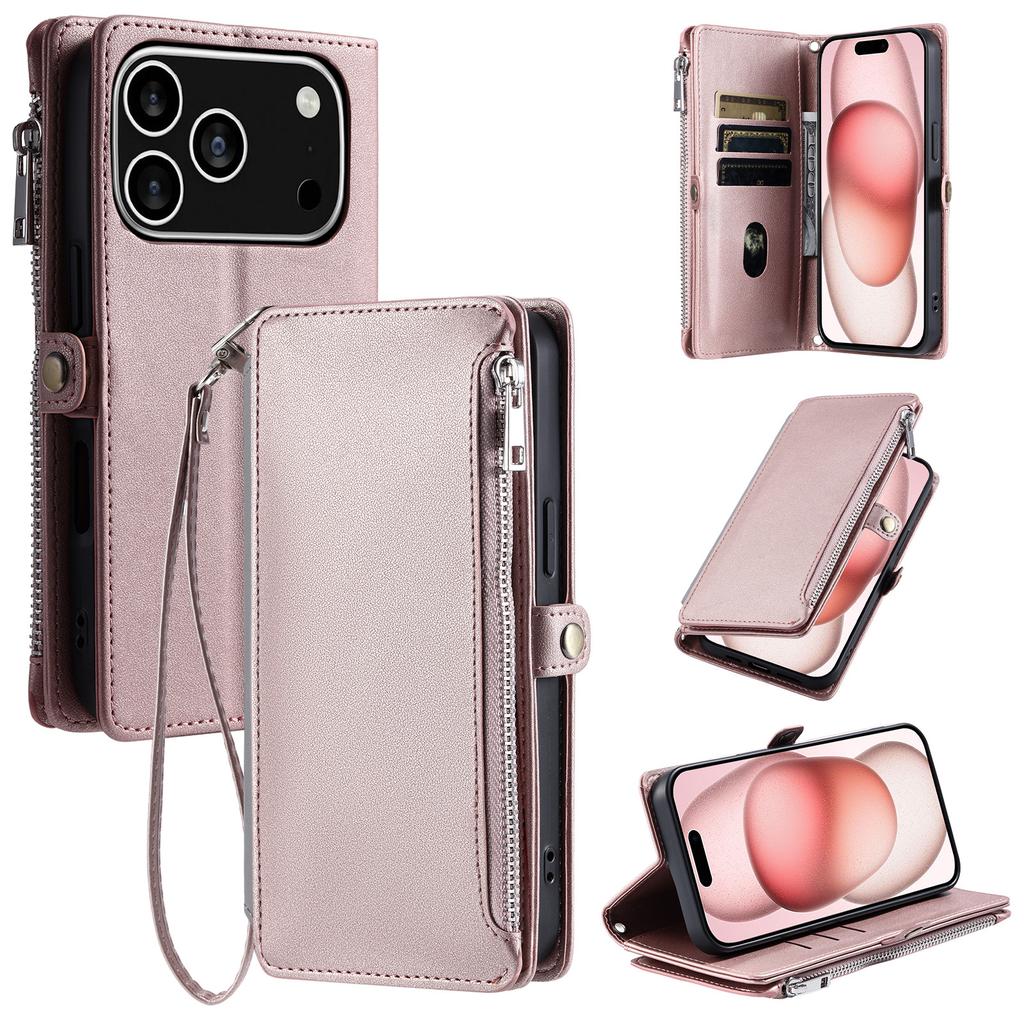 For iPhone 17 Pro Case TPU+PU Leather Wallet Phone Cover with Wrist Strap