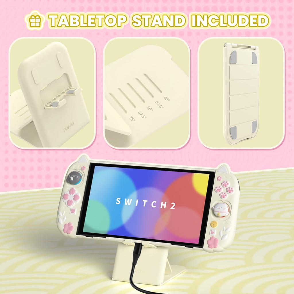 PlayVital Protective Cover Set for Switch Compatible with Switch 2 Includes Cat Ears Paw Silicone PC Adjustable Stand Japanese Sakura Kitten Design 2,