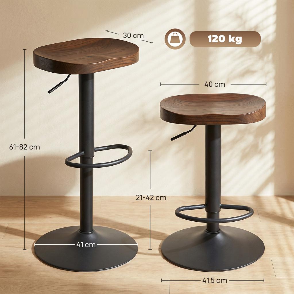 Bar Stools Set of 2 Adjustable Swivel Counter Height Chairs with Elm Wood Seat Dark Brown