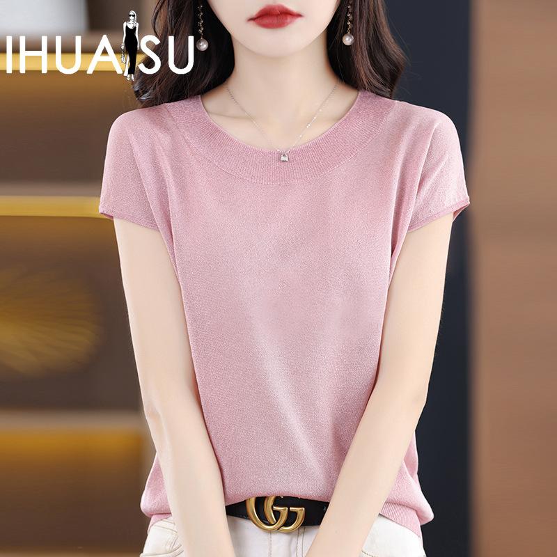 IHUASU Women's Ice Silk Short-sleeved T-shirt Summer Bright Silk Temperament Jersey Linen O-neck Blouse Thin Versatile Loose