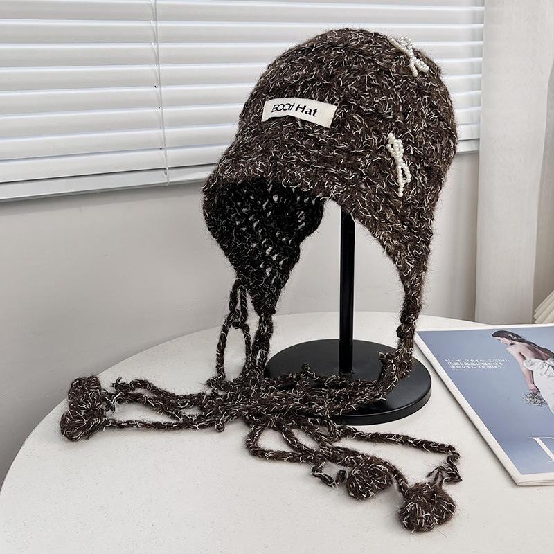 New bow strap hollow knitted ear hat women's autumn and winter sweet girl versatile face small wool hat