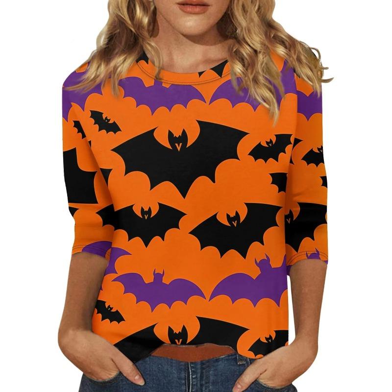 Women's T-shirt Halloween Pumpkin Print Fashion Long Sleeve Round Neck Regular Top Holiday Weekend Spring and Autumn