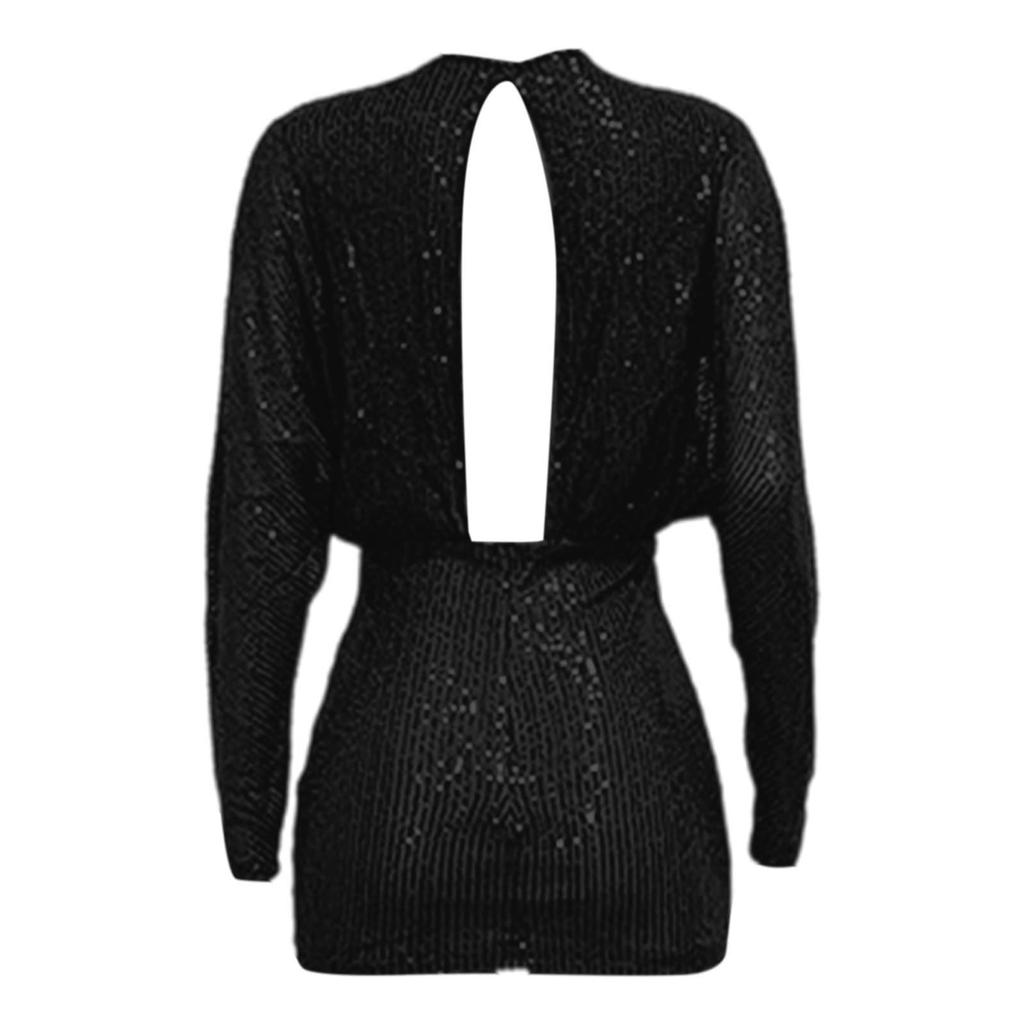 Женское модное вечернее платье однотонного цвета с V-образным вырезом, длинными рукавами, приталенного силуэта, с пайетками, плиссировкой, рюкзаком на бедрах