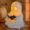 Halloween Room Decor Cute Ghost Reading Book Lamp, Lighted Figurine with Warm LED Ornament Light, Night Light for Mantel Shelf Table Indoor