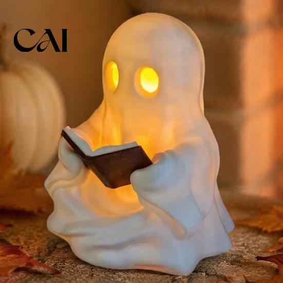 Halloween Room Decor Cute Ghost Reading Book Lamp, Lighted Figurine with Warm LED Ornament Light, Night Light for Mantel Shelf Table Indoor