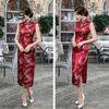 Women Summer Cheongsam Stand Collar Floral Print Hollow Out Split Hem Sleeveless Qipao Slim Fit Retro Chinese Style Mid-calf Length Wedding Party