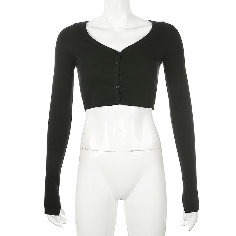 Women V-neck Solid Color Loose Knitted Cardigan Long Sleeved Crop Top