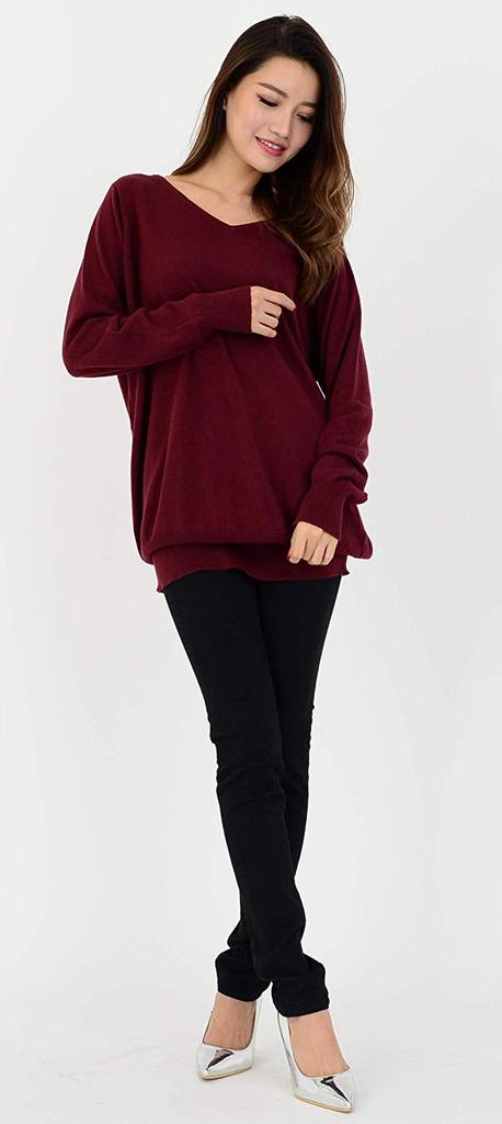 Sleeping Sheep Loose Slightly Long Cotton Knit Simple Plus Sizes for Women Fit, V-Neck Sweater, Tunic, (Wine, LL-3L)