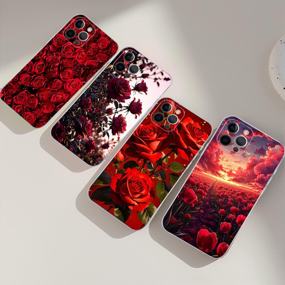 Red Roses Flowers Phone Case Silicone Soft For Iphone 16 15 14 13 12 11 Pro Mini XS MAX Plus X Cover