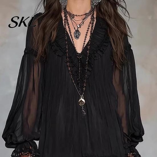 Loose Straight Skirt Dress Women's Summer Mini Dress, Sheer Mesh Long Sleeve Tiered Ruffle Deep V Neck Swing Casual Beach Vacation Short Wrinkle