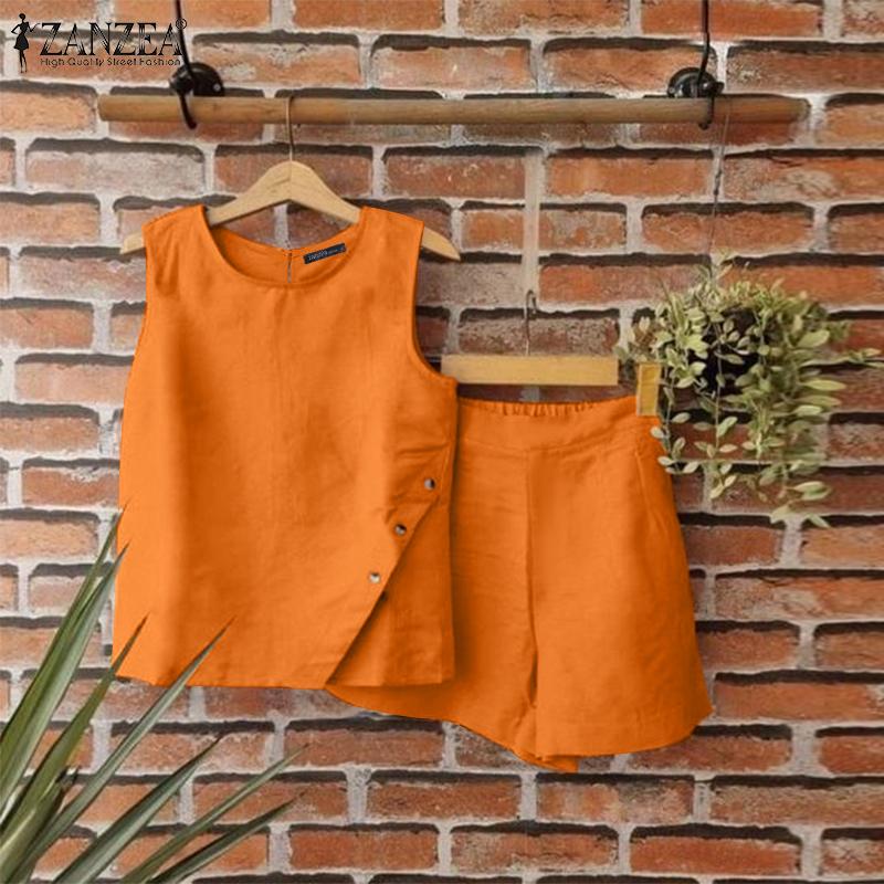 ZANZEA Женские летние свободные топы и шорты без рукавов с круглым вырезом и карманами на пуговицах, комплект из двух предметов