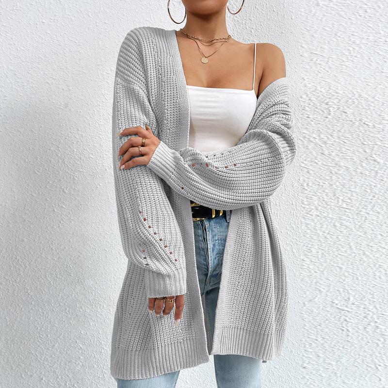 2025 Autumn/Winter Loose V-Neck Mid-Length Knit Cardigan - Solid Color