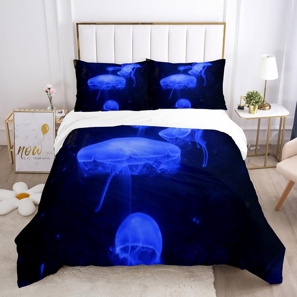 Jellyfish Duvet Cover Set Blue Sea Wild Animals Theme King Queen Size for Kids Teens Adult Polyester Bedding Set with Pillowcase