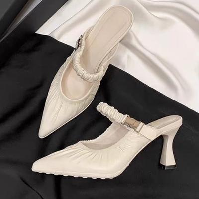 Мода 2025 Женские шлепанцы с закрытым носком из натуральной кожи, модная плиссированная эластичная лента, высокие каблуки, женские туфли для вечеринок, сандалии