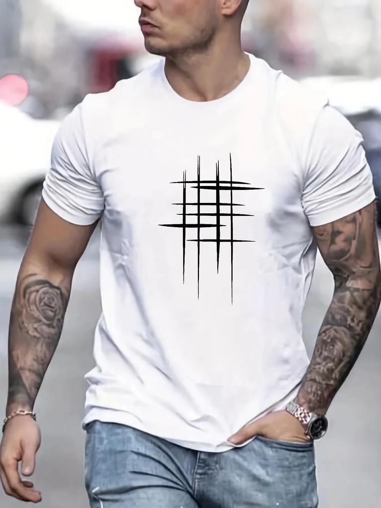 Summer Men's 100% Polyester Casual Loose Size Graphic Line Printed Neck Short-sleeved T-shirt Top