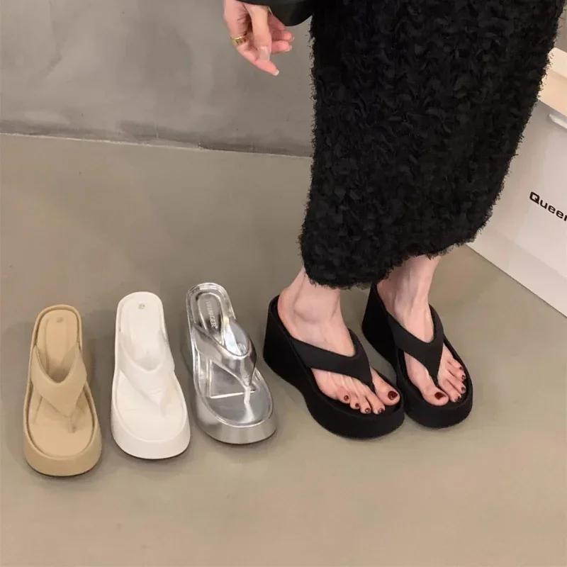 Women Wedge Clip Toe Flip Flops Summer Fashion Chunky Platform Beach Sandals Ladies Thick Sole High Heeled Slippers Slides