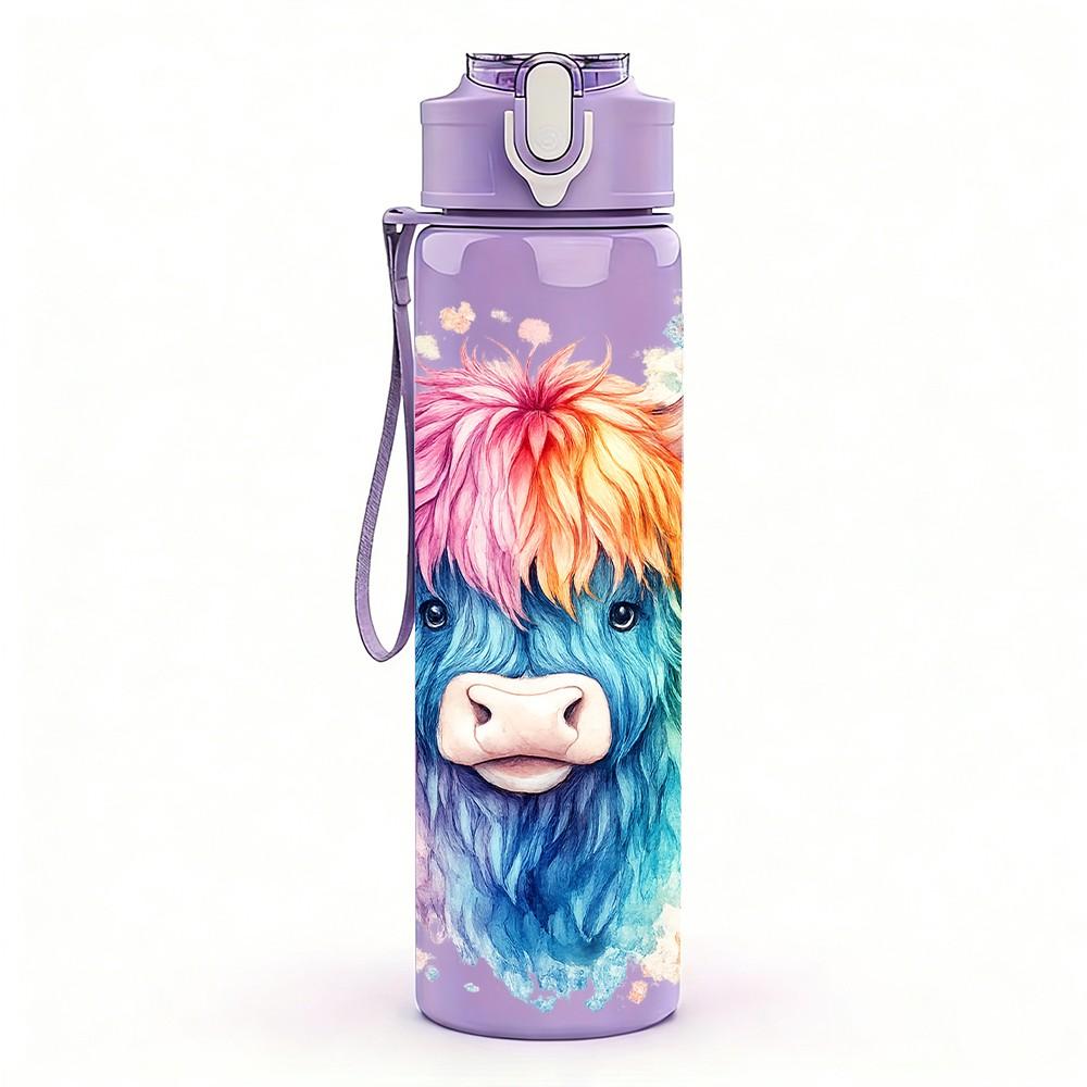 1PC Highland Cow Color Splash Art Print 750ml Color Plastic Sports Water Bottle Leakproof Flip Straw Lid Suitable for Sports Office Home Use
