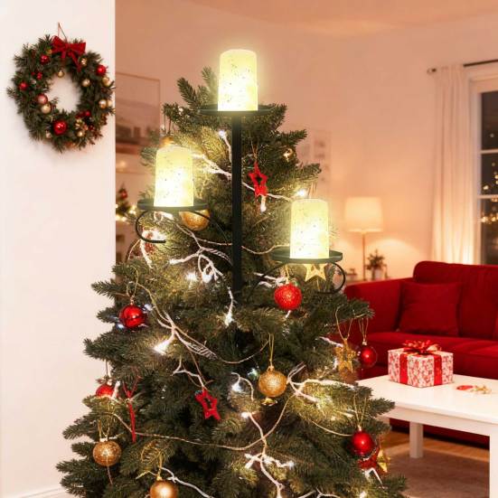 Christmas Tree Topper Candle Holder 3-Tier Metal Triple Candle Tree Topper Shelf Candelabra Indoor Light-up Xmas Tree Topper Decoration