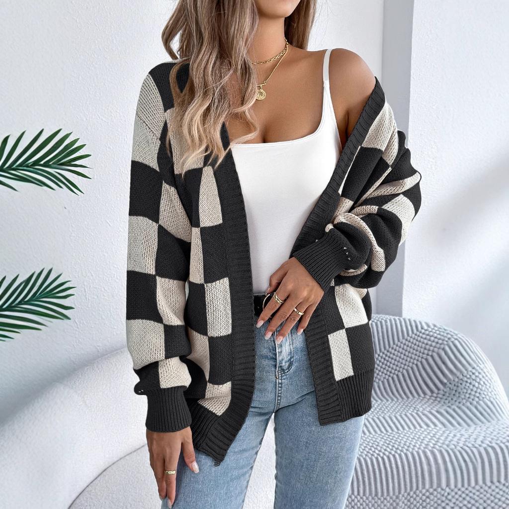 GMXIA Autumn and Winter Color-blocking Checkered Lantern Sleeve Cardigan Sweater Mid-length Coat Women's Wear