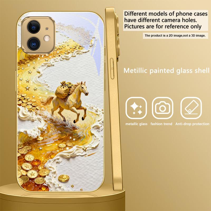 Золотая скачущая лошадь Для IPhone 17Pro Max 16 17 Pro 15 Pro 14 13 Plus 12 Mini 11Pro Max XR 16E 17 Air Золотой стеклянный чехол для телефона