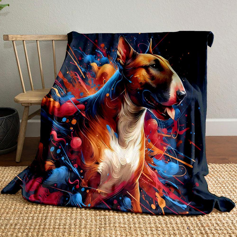 Colorful Bull Terrier Art Design Patterned blanket, flannel, suitable for all seasons, home decor, warm and cozy