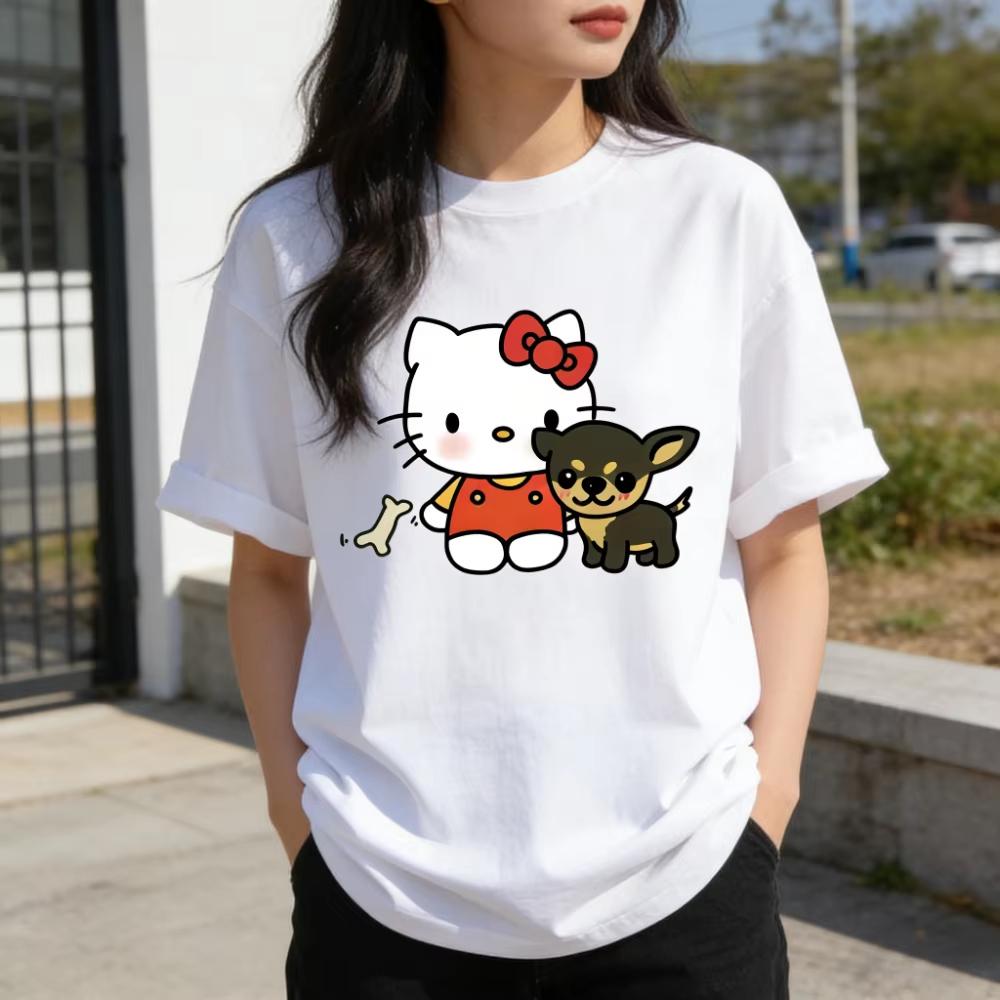 2026 Футболка Hello Kitty из мягкого хлопка с коротким рукавом и круглым вырезом, милый принт, легкий летний топ для женщин, повседневная одежда