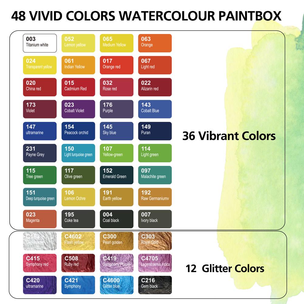 48 Набор акварельных красок премиум-класса, с акварельной бумагой, водяными кистями, кистью для рисования деталей, блестками