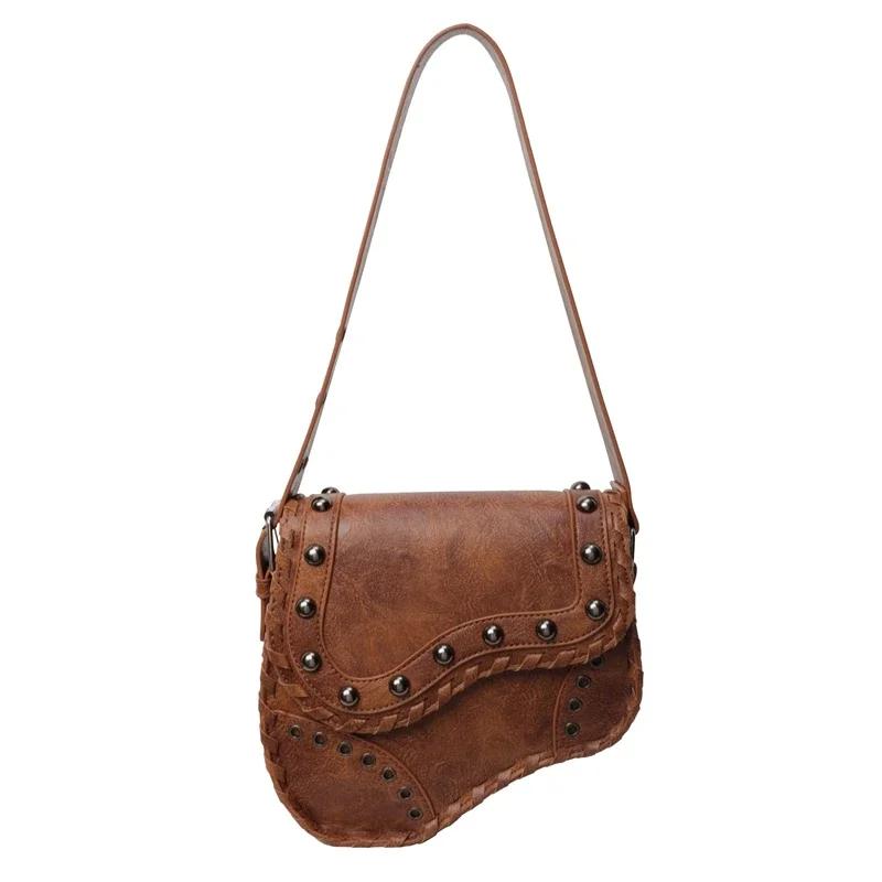 Customized PU Material Saddle Bag Western Denim Handbag Distressed Rivet