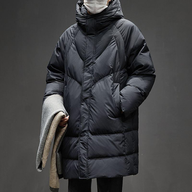 Men's Luxury Mid-length Hooded Down Jacket - Thick, Warm, Winter Coat with 90% White Duck Down Filling.