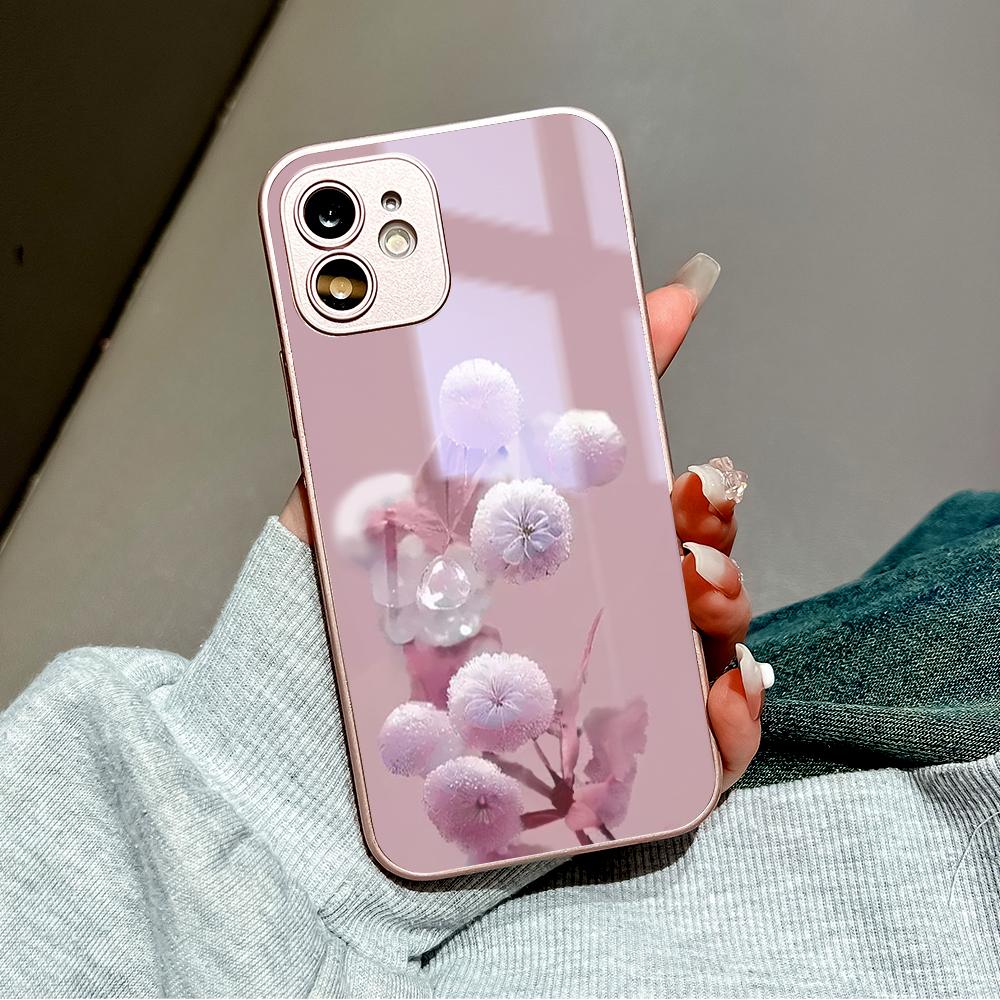 Peony Flower Phone Case Metallic Lacquer Tempered Glass Shockproof Cover for Huawei Honor iPhone OPPO Realme OnePlus Xiaomi Redmi Samsung Vivo