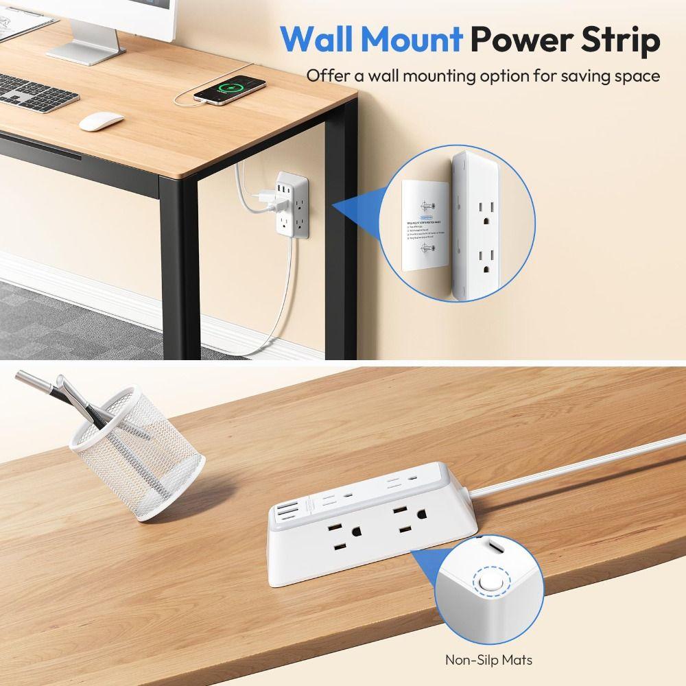 12FT Length Twin Extension Cord 2 USB-A Ports Split Power Strip Overload Protectio